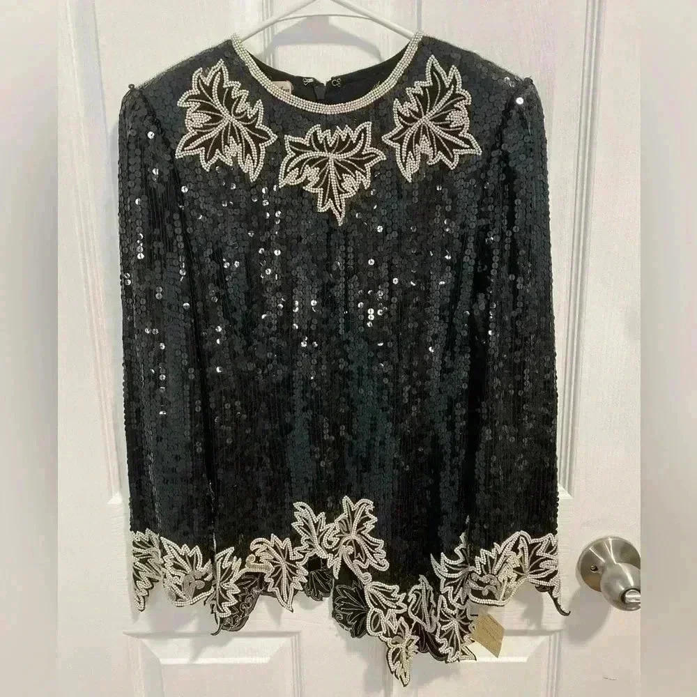 NWT Vintage JUDITH ANN Black&White Beaded 100% Silk Evening‎ Blouse Lux Sz Small